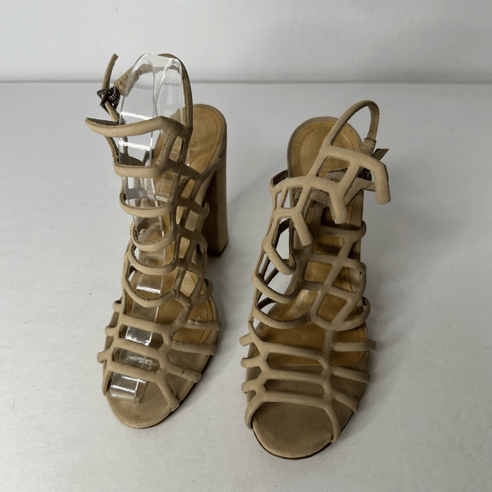 Schutz Jaden Caged Sandals Women's Block Heel Goat Taupe Leather Size US 7 - Picture 9 of 11